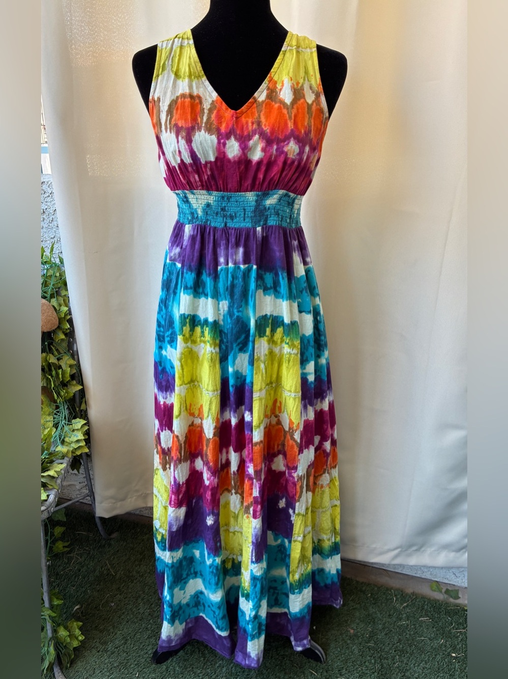 Phool Vintage Lace Back Tie Dyed Smocked Dress Size S